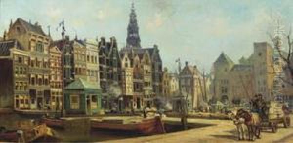 A View On The Damrak And The Beurs Van Berlage, Amsterdam Oil Painting by Johan Gerard Smits