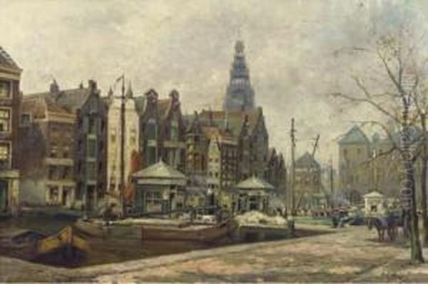 Damrak Entree Amsterdam: A View Of The Damrak, Amsterdam Oil Painting by Johan Gerard Smits