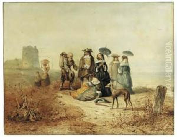 Elegant Company On A Dune Overlooking The Sea Addressed By Abeggar Oil Painting by Johan Gerard Smits