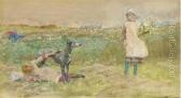 Children Playing Playing With A Greyhound At The Edge Of Ameadow Oil Painting by Lionel Percy Smyth