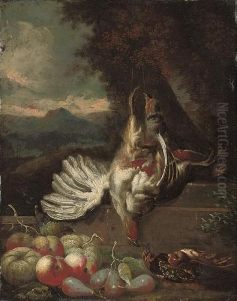 Dead Game On A Stone Ledge, Peaches, Pears And Other Fruit, In Awooded Clearing Oil Painting by Pieter Snayers