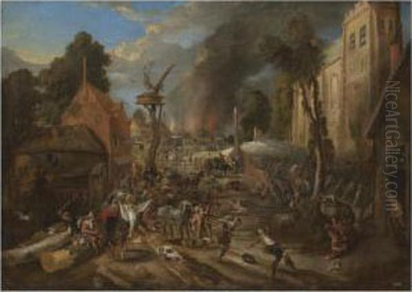 Landscape With Soldiers Pillaging A Village Oil Painting by Pieter Snayers