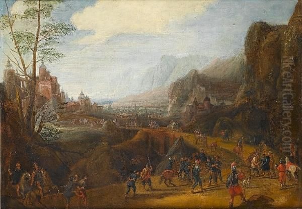 A Skirmish In A Mountain Valley,
 A Coastal Town Beyond; And A Rocky Landscape Soldiers Crossing A 
Bridge, A Walled Town Beyond Oil Painting by Pieter Snayers