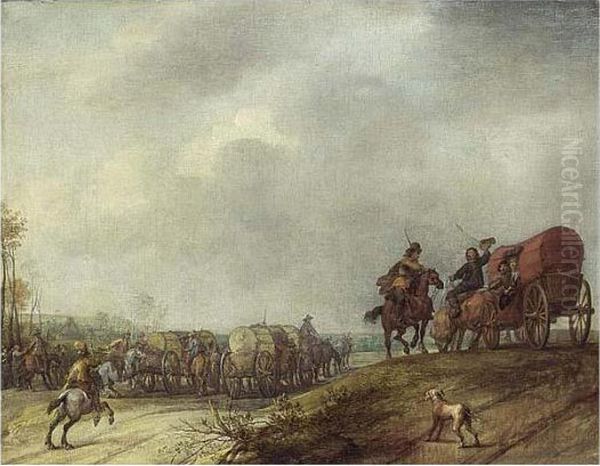 A Landscape With Cavalry And Horse-drawn Wagons, A Dog In The Foreground Oil Painting by Pieter Snayers