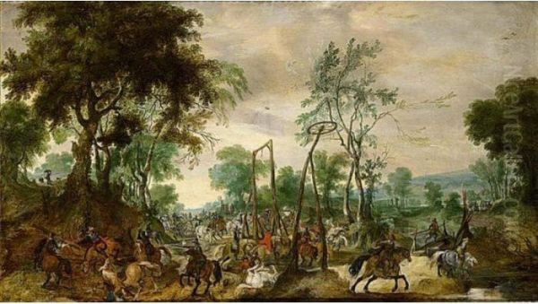 Wooded Landscape With A Calvalry Engagement Oil Painting by Pieter Snayers