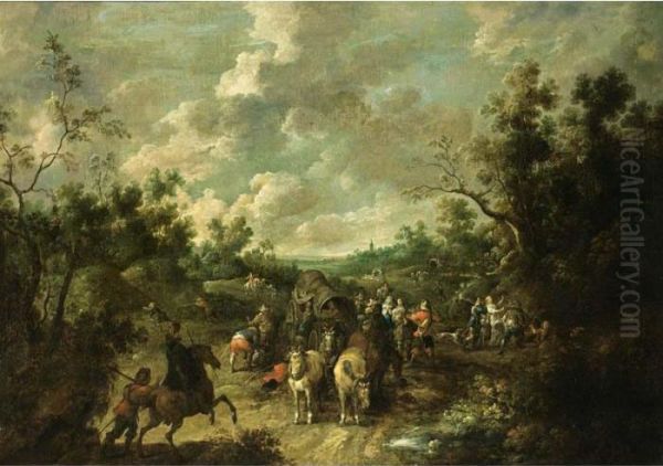 A Wooded Landscape With 
Travellers And A Horse-drawn Wagon Being Ambushed By Brigands And 
Horsemen, A View Of A Church In The Distance Oil Painting by Pieter Snayers