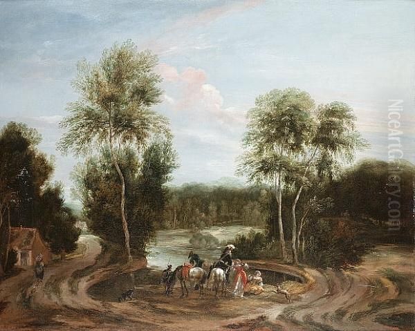 A Wooded Landscape With An Elegant Company Resting Beside A Lake Oil Painting by Pieter Snayers