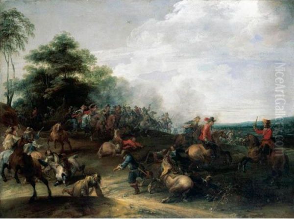 Landscape With A Cavalry Engagement At The Edge Of A Wood Oil Painting by Pieter Snayers