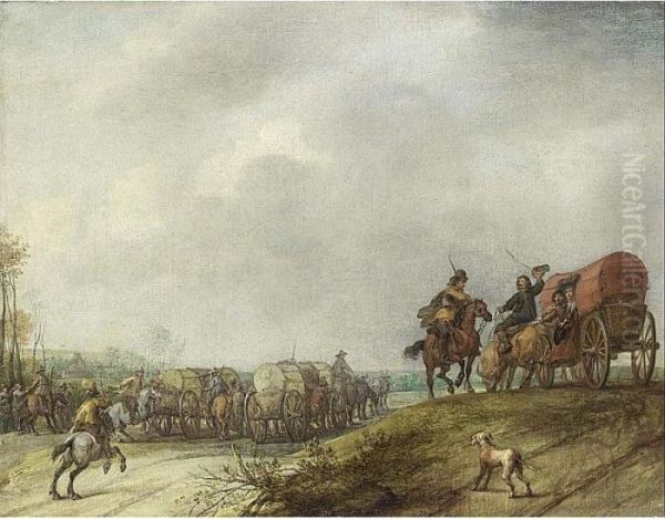 A Landscape With Cavalry And Horse-drawn Carts, A Dog In The Foreground Oil Painting by Pieter Snayers