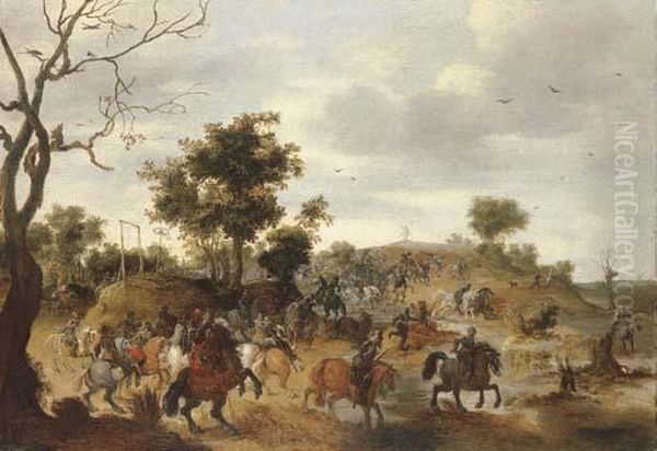 A Landscape With A Cavalry Battle, Gallows And A Windmill Beyond Oil Painting by Pieter Snayers