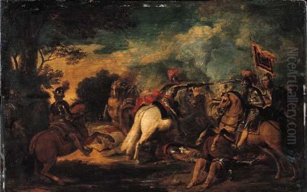 A Cavalry Skirmish- A Sketch Oil Painting by Pieter Snayers