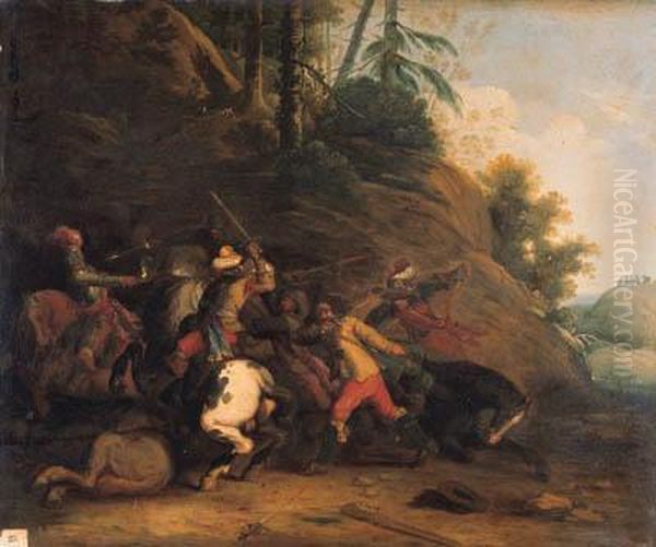 A Cavalry Skirmish Before A Wooded Hill Oil Painting by Pieter Snayers