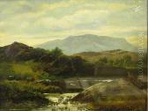 River Landscape With Hills Beyond Oil Painting by Henry Bayley Snell