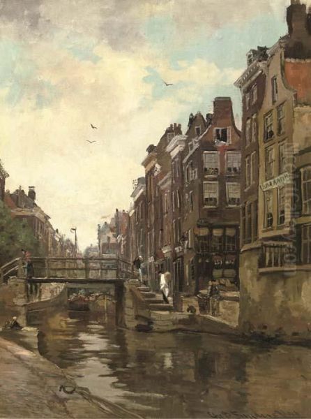 Delfsche Vaart, Rotterdam; Daily Activities Along A Dutch Canal Oil Painting by Christian Snijders