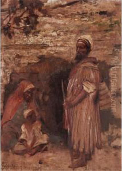 Figures By A Wall, Jerusalem Oil Painting by Isaac Snowman