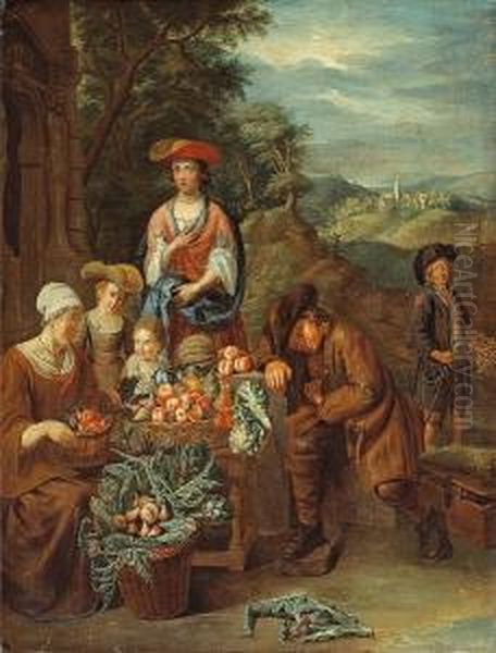 A Vegetable Stall With Figures, A Restingsavoyard And His Marmot Oil Painting by Pieter Snyers