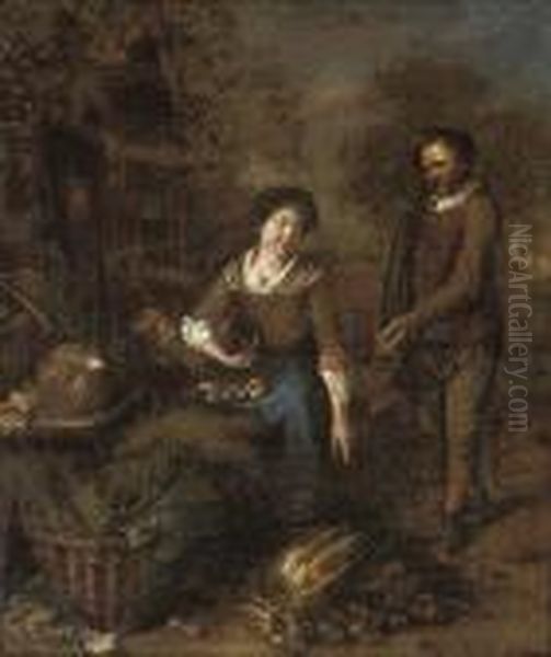 A Wooded Landscape With A Woman Selling Fruit And Vegetables To A Gentleman Oil Painting by Pieter Snyers