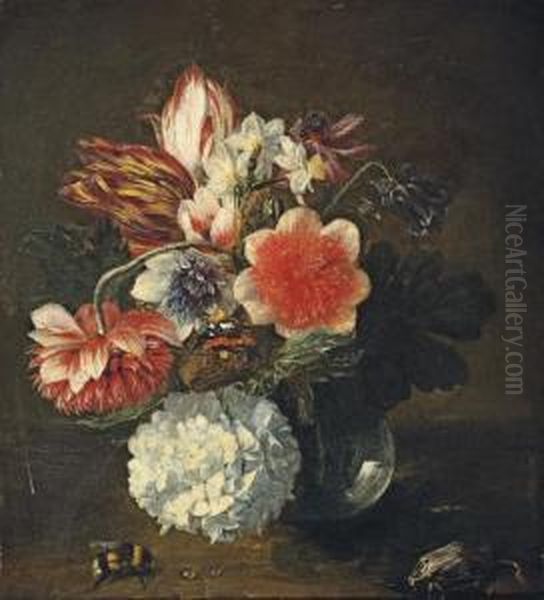 Tulips, Narcissi, 
Chrysanthemums, A Snowball And Other Flowers In A Glass Vase, On A Ledge
 With A Beetle, A Bumblebee And A Red Admiral Butterfly Oil Painting by Pieter Snyers