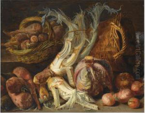 A Still Life With Onions, 
Cabbages, Carrots And Other Vegetables In Two Reed Baskets, All On A 
Floor Oil Painting by Pieter Snyers