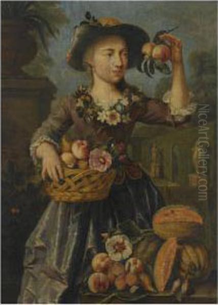 A Young Girl Holding A Reed 
Basket Filled With A Peach, Onions And Other Vegetables And Flowers In 
One Hand, Two Peaches In Her Other Hand, A Still Life Of Peaches, Melons
 And Pruns Resting On A Ledge In The Foreground, All In A Classical 
Landscap Oil Painting by Pieter Snyers