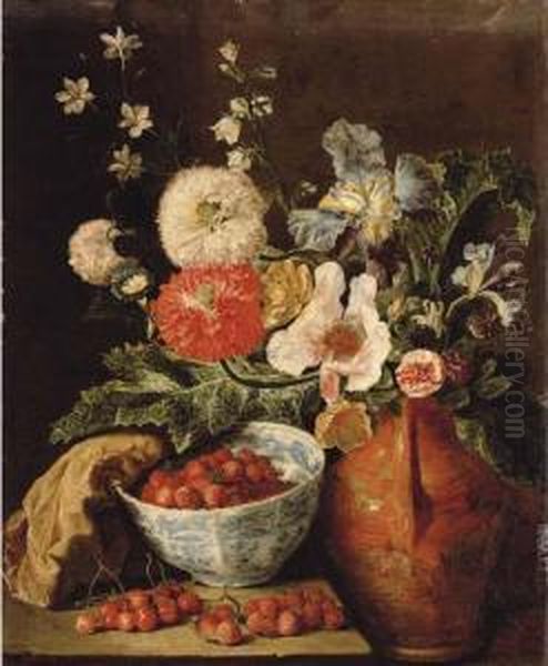 Wild Strawberries In A Blue And 
White Porcelain Bowl, Carnations, Irises, And Other Flowers Oil Painting by Pieter Snyers