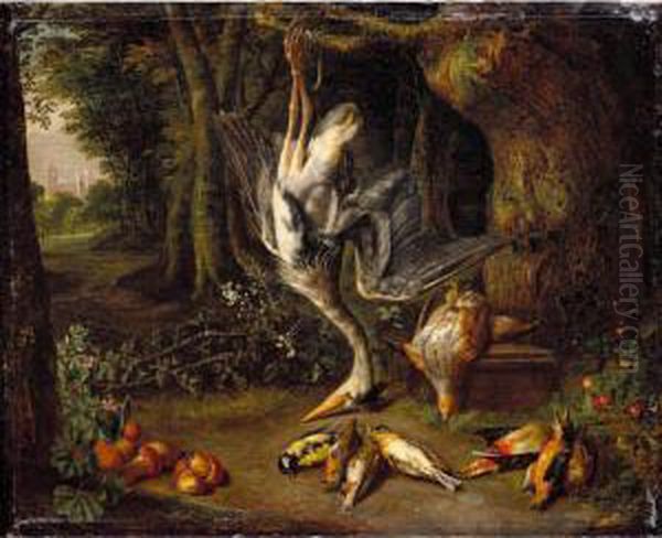 Dead Game, Including A Heron, 
Partridge And Songbirds In A Wooded Landscape, A Chateu In The Left 
Distance Oil Painting by Pieter Snyers