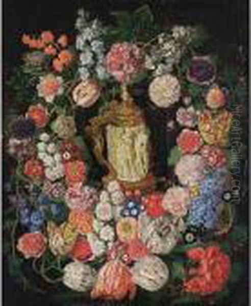 A Flower Garland With Tulips, 
Poppy Anemones, Hyacinths, Auricula, Carnations, Corn Flowers And Black 
Berries Surrounding A German Silver-gilt And Ivory Tankard Oil Painting by Pieter Snyers