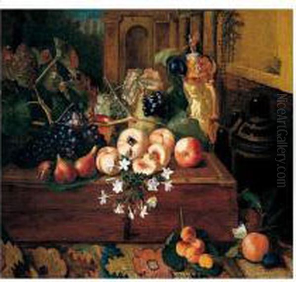 Still Life Of Peaches, Grapes, A
 Pear And A German Ivory Tankard Upon A Wooden Box, Together With Apples
 And Apricots Upon A Carpet Oil Painting by Pieter Snyers