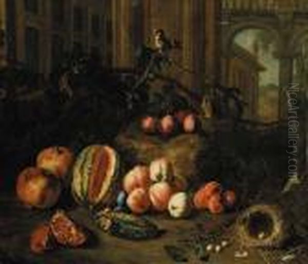 Plums On The Branch, Peaches, 
Apricots, A Melon, Pomegranates, A Nest With Eggs And A Goldfinch By 
Classical Buildings, A Landscape Beyond Oil Painting by Pieter Snyers