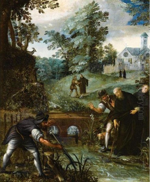 Saint Benedict Retrieving The Blade Of The Woodcutter's Axe From The Water Oil Painting by Jan Soens