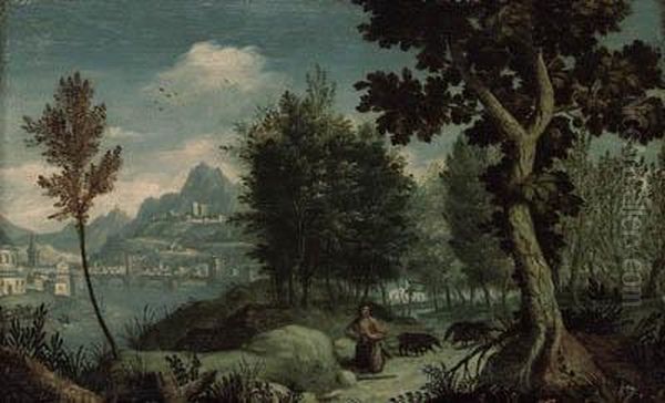 A Mountainous River Landscape With The Prodigal Son, A View Ofverona Beyond Oil Painting by Jan Soens