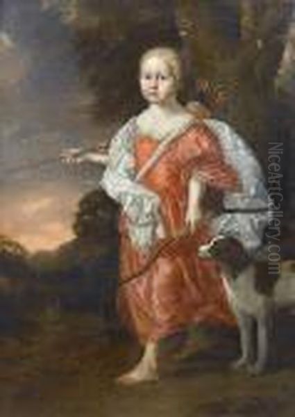 Portrait Of A Young Girl, 
Standing Full-length, Dressed As Diana The Huntress, A Dog At Her Side, 
In A Landscape Oil Painting by Gerard Soest