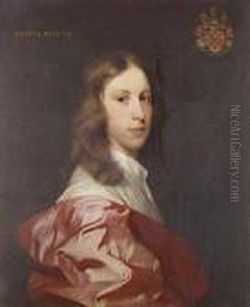 Portrait Of A Youth, Said To Be 
Lord John Stuart, Half-length, In A White Shirt And A Burgundy Wrap Oil Painting by Gerard Soest