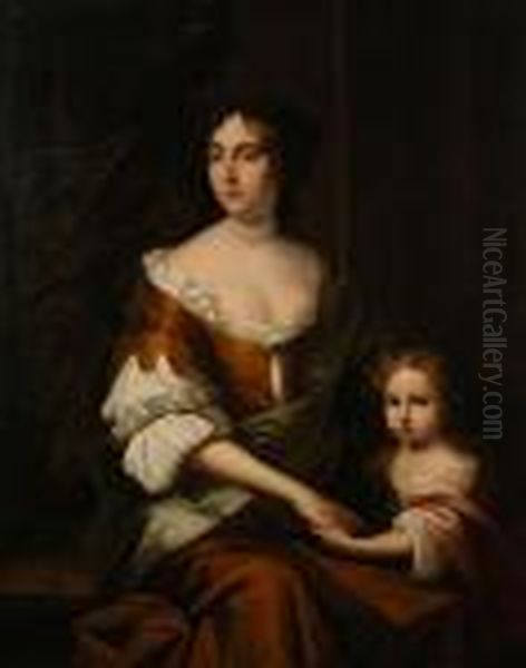 A Portrait Of Anne Buck, Seated 
In Brown Gown And White Chemise With Her Daughter In Pink Cloak Oil Painting by Gerard Soest