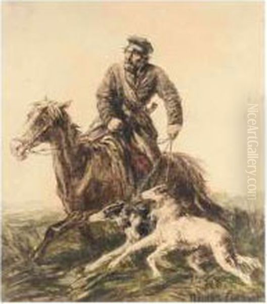 The Huntsman With Two Borzoi Oil Painting by Pyotr Fyodorovich Sokolov