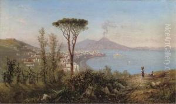 Naples And Castello Dell'ovo With Mount Vesuvius Beyond Oil Painting by Achille Solari