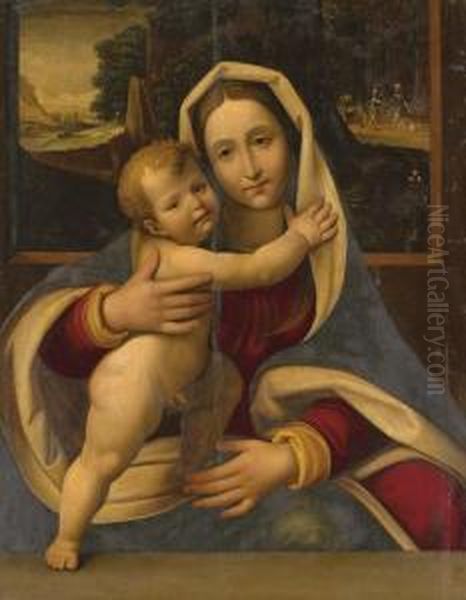 The Madonna And Child With Travelers In A Landscape Oil Painting by Andrea Solario