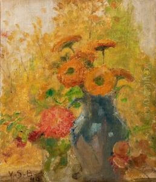 Flowers In A Blue Vase Oil Painting by Venny Soldan-Brofelt