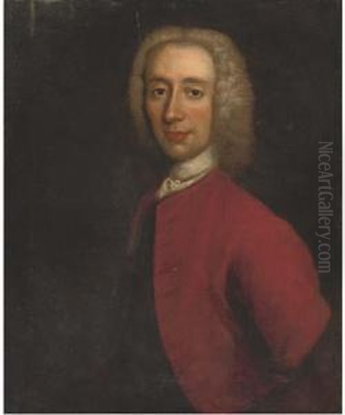 Portrait Of A Bewigged Gentleman, Half-length, In A Red Coat Oil Painting by Andrea Soldi