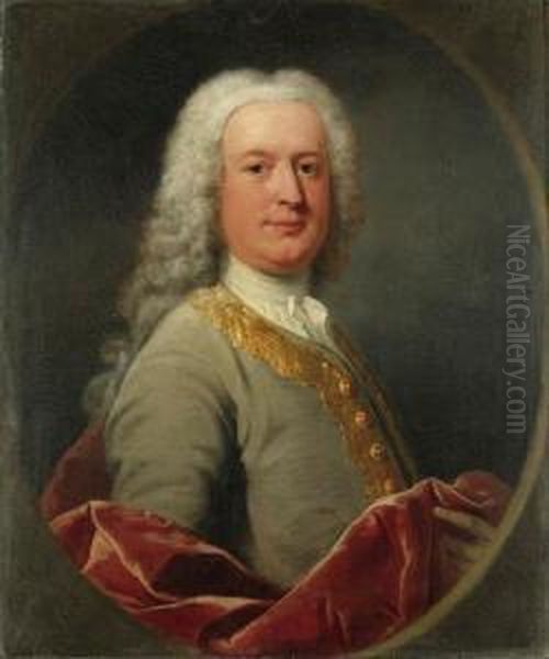 Portrait Of A Gentleman Believed
 To Be A Member Of The Foleyfamily, Half-length, In A Grey Coat With 
Gold Brocade And A Redvelvet Cloak, Feigned Oval Oil Painting by Andrea Soldi