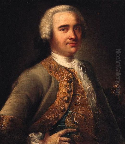 Portrait Of A Gentleman, 
Half-length, In A Gold Embroidered Greycoat And Waistcoat And White 
Stock, A Tricorn Under His Arm Oil Painting by Andrea Soldi