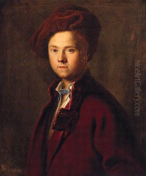 Portrait Of A Gentleman, Half-length, In A Red Coat, White Shirt,and Brown Turban Oil Painting by Andrea Soldi