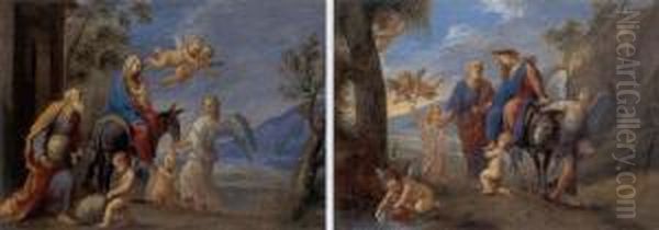 The Departure And The Rest On The Flight To Egypt: A Pair Of Paintings Oil Painting by Giovanni Gioseffo da Sole