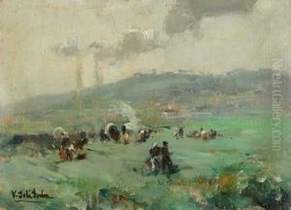 El Brull Del Montseny, 1949)
 Paisaje Con Carretas Y Gitanos. Oil Painting by Vicenc Sole Jorba