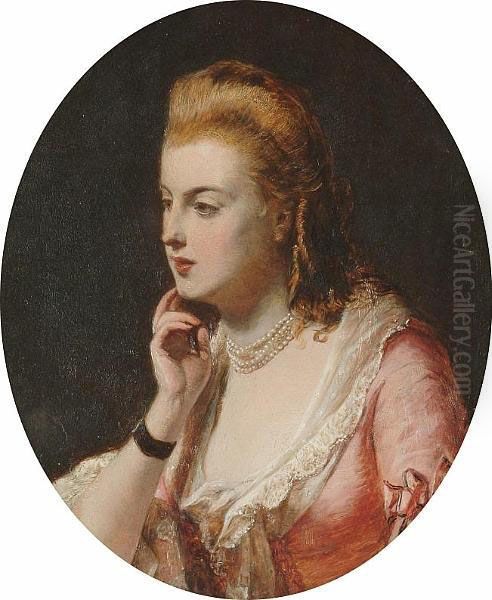 Portrait, Bust Length Of A Lady Wearing A Pink Dress Oil Painting by Abraham Solomon