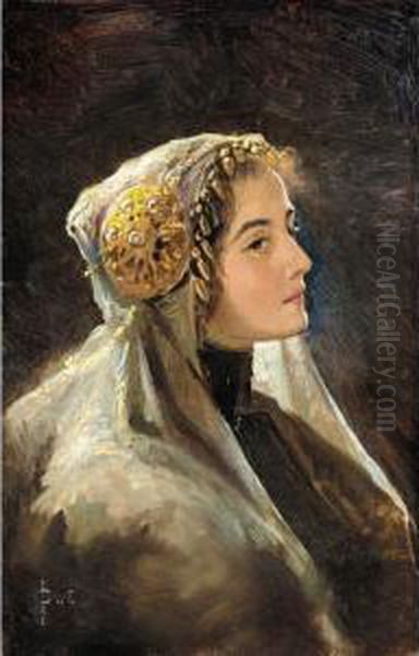 Russian Beauty In Traditional Headdress Oil Painting by Sergei Sergeevich Solomko