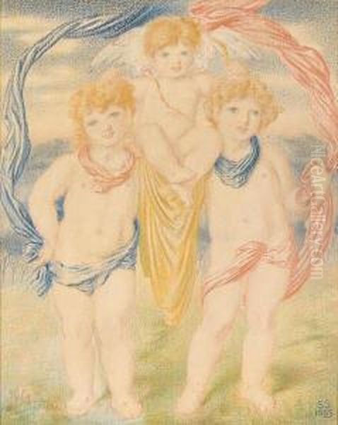 Cupid Carried In Triumph By Two Cherubs Oil Painting by Simeon Solomon