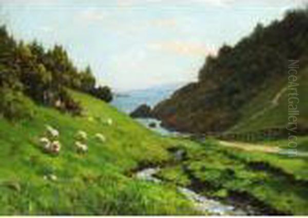 Sheep Grazing By A Stream In Summer Oil Painting by Thomas Jacques Somerscales