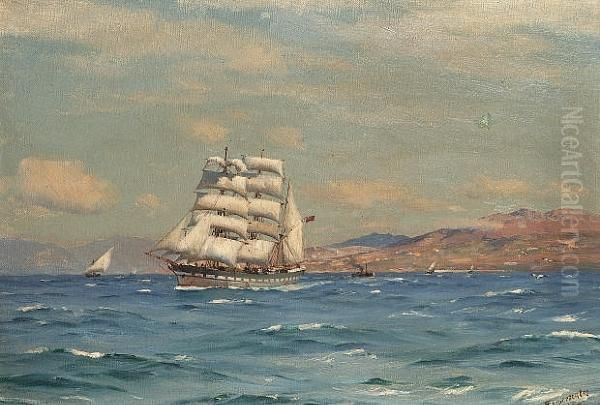 A British-registered 
Three-masted Barque Outward Bound From Valparaiso, With The Coast 
Receding Astern Of Her Oil Painting by Thomas Jacques Somerscales