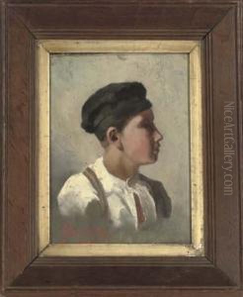 Portrait Of A Young Boy, Quarter-length, In A White Shirt And Blue Hat Oil Painting by Edith Oenone Somerville